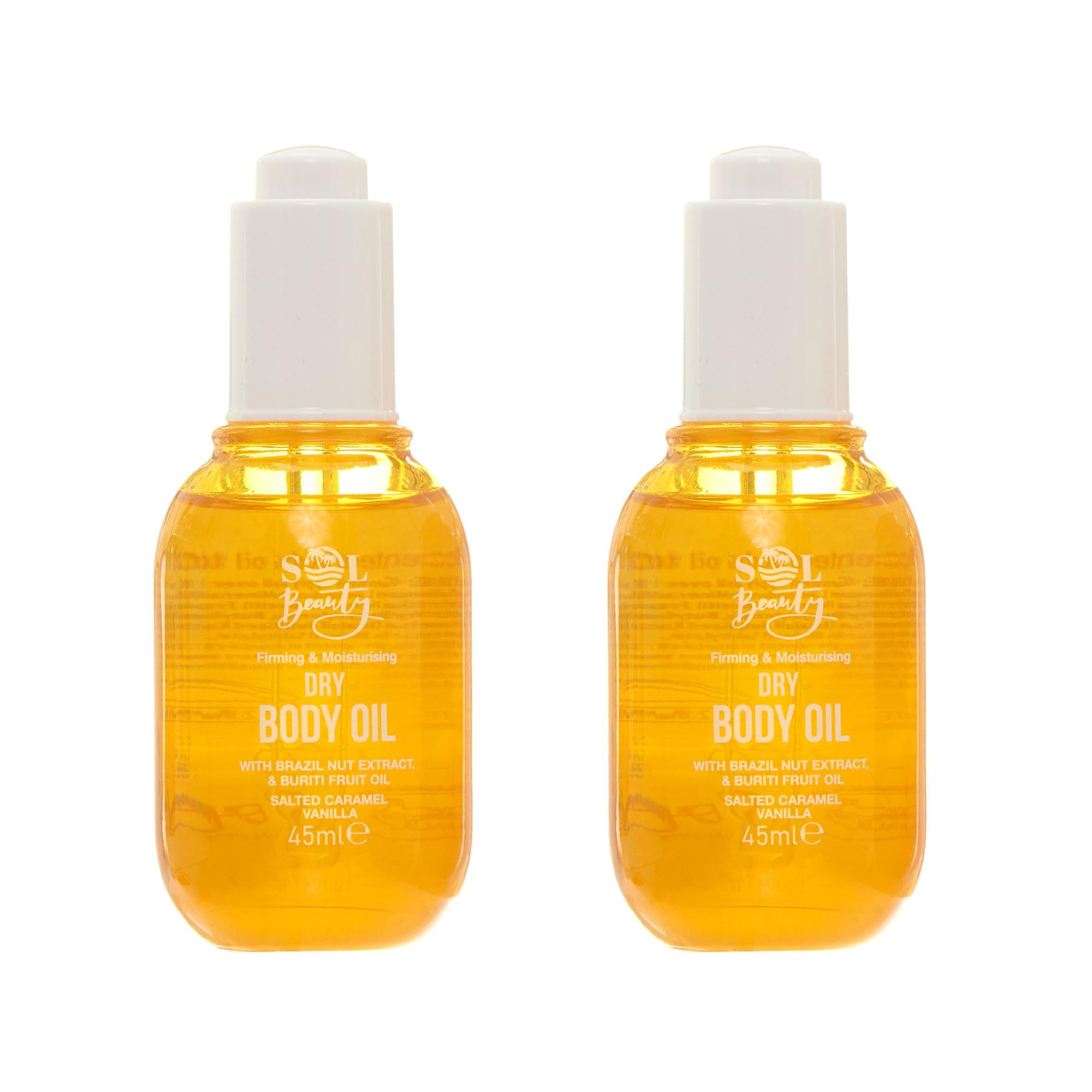 Sol Beauty Dry Body Oil Caramel Vanilla Scent with Brazil Nut Extract and Buriti Fruit Oil, Helps Firm and Moisture Skin, Vegan Friendly Light Moisturiser 2 x 45ml