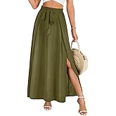 LYANER Women's Tie Knot Front Side Split Pleated A line High Waist Flowy Boho Long Skirt