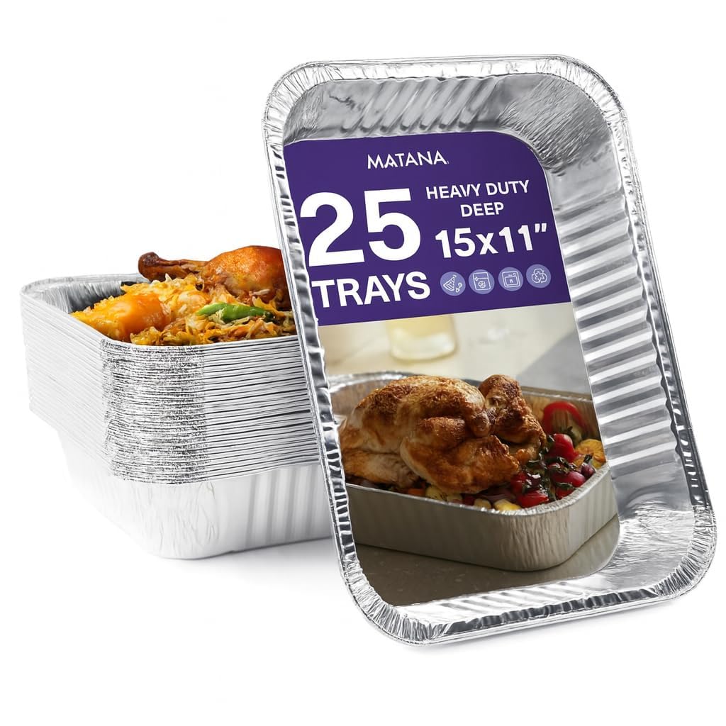 MATANA 25 Large Aluminium Foil Trays – 37×27cm (5000 ml) | Heavy-Duty Roasting & Baking Pans – Sturdy, Disposable or Reusable Food Containers, Oven & Freezer Safe