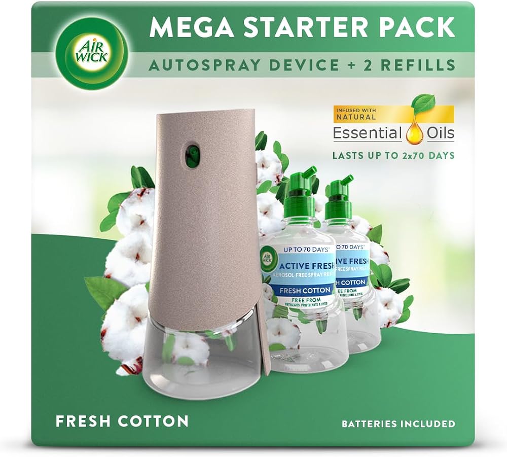 Air Wick Fresh Cotton 24/7 Aerosol-Free Automatic Refill Kit 1 Gadget 2 Refills
