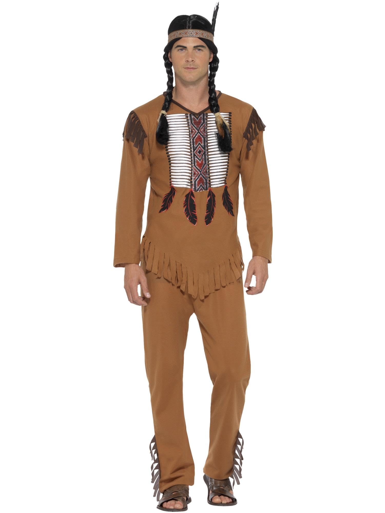 Smiffys Native American Inspired Warrior Costume, Brown with, Top, Trousers & Headband, Cowboys and Indians Fancy Dress, Adult Dress Up Costumes