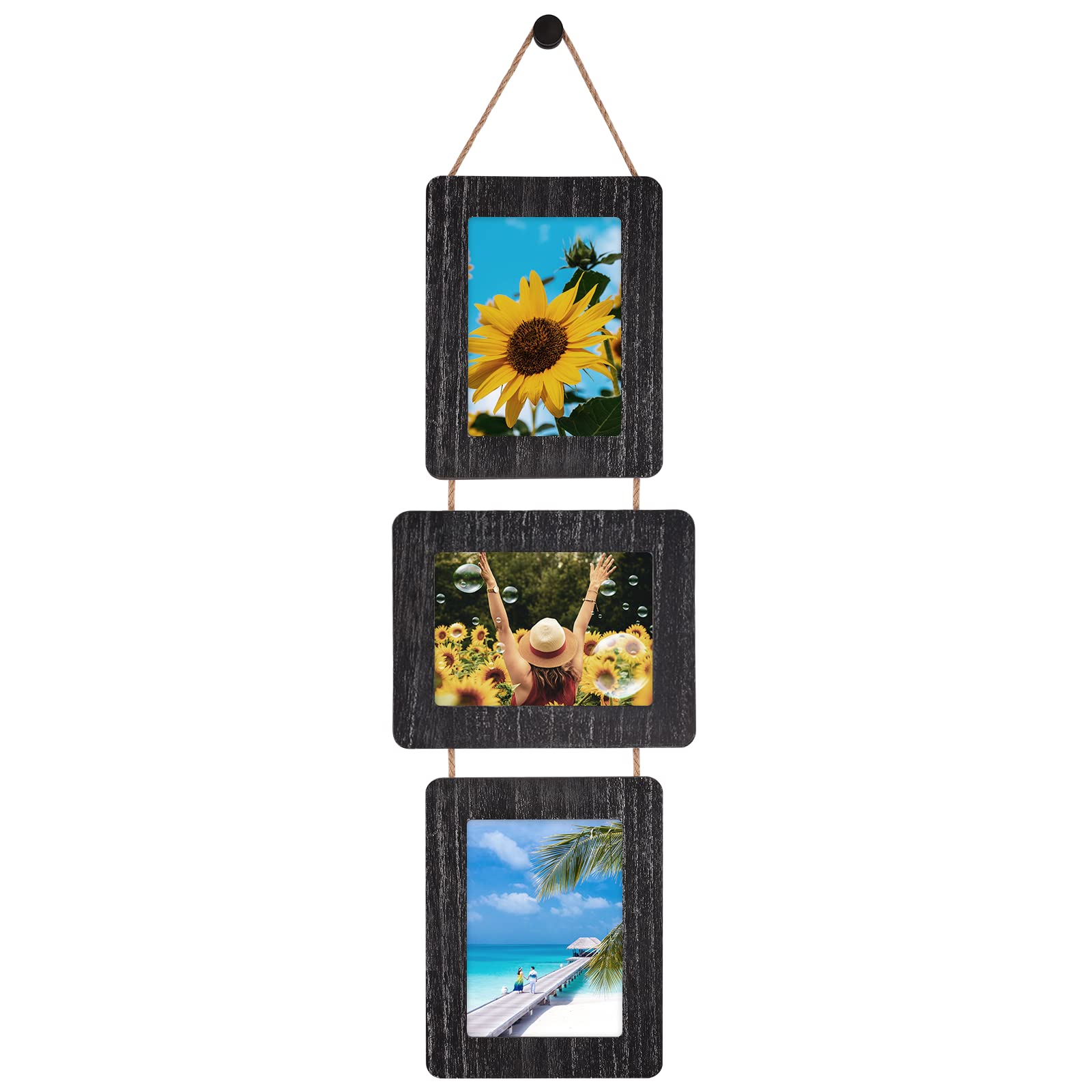 Photo 1 of ABSWHLM 5x7 Picture Frames Rustic Wood Hanging Picture Frames 3 Opening Photo Frame Display 4"x6" Pictures with Mat or 5"x7" Without Mat, Weathered Black