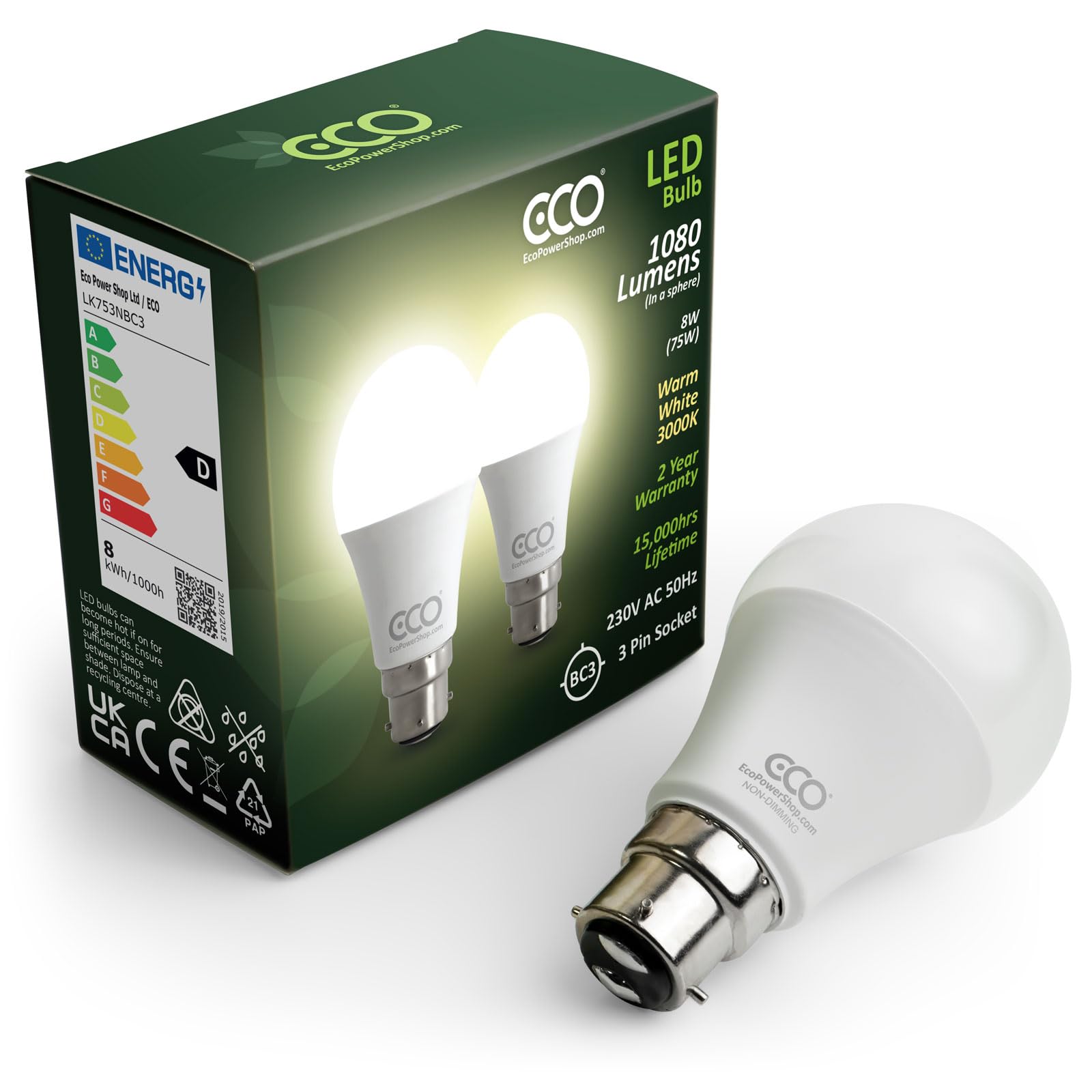 ECO 3 Pin BC3, 8W Energy Saving LED Light Bulb, 75W Equivalent, Warm White 3000K, Non-Dimmable, 15,000hrs Lifetime. — image 1