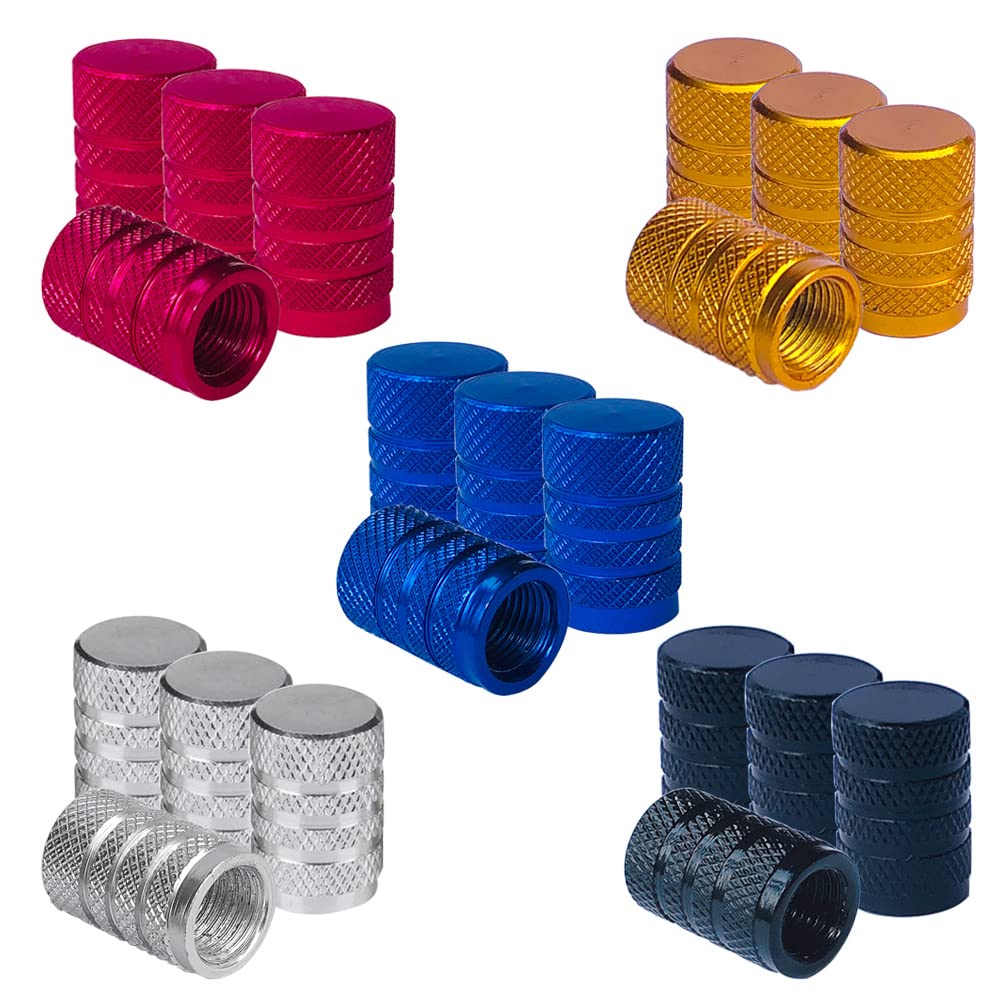 QitinDasen 20Pcs Premium Tyre Valve Stem Caps, Aluminum Alloy Knurled Tire Dust Covers, Universal Schrader Dustproof Caps With Gasket for Car Motorcycle Bike (5 Colors)