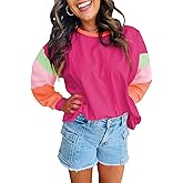 miduo Womens Long Sleeve Tops Color Block Stitching Casual Loose Fit Crew Neck Shirts Blouses