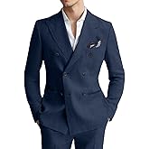 Lynerun Mens Linen Suit 2 Piece Slim Fit Casual Double Breasted Suit Blazer Pants Set Summer Beach Wedding Linen Tuxedo Men
