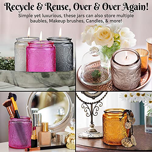 Set of 12 Embossed Glass Candle Jars Containers with tin Lids Candle