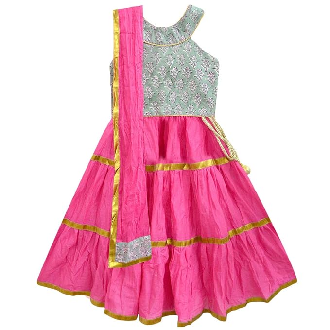 A.T.U.N By Hopscotch Baby Girls Cotton Dandy Flower Block Print Yoke Three Piece Lehenga Set in Fuchsia Color