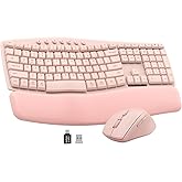 Pink Wireless Keyboard and Mouse Combo, Ergonomic Wave Keyboard with Cushioned Palm Rest, 2.4G Silent Full-Size Keyboard and 