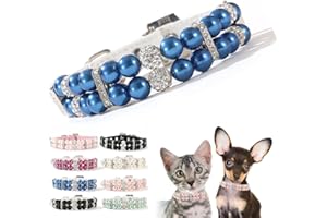 TELEYI Blue Dog Pearl Necklace,Rhinestone Crystal Bling Luxury Beaded Small Dog Necklace Fancy Pretty Cute Diamond Jewel for XXS XS Small Medium Female Girls Kitten Pet Puppy Wedding,XXSmall