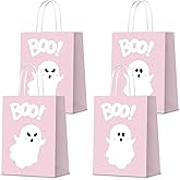 KERINGO 16 PCS Halloween Kraft Paper Gift Bags Pink Ghost Boo Design with Handles for Halloween Themed Trick or Treat Party Favors Supplies