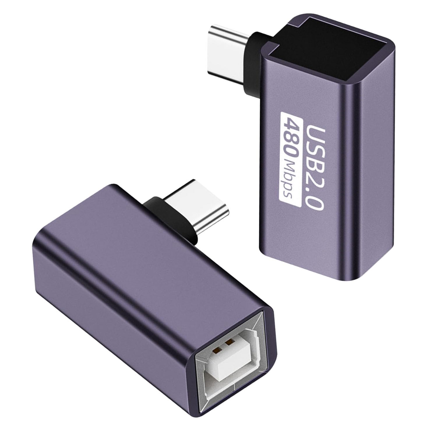 QIANRENON USB C Male to USB B Female 90° Angle Print Connector USB C Plug to MIDI Jack Electronic Instrument Right Angle Adapter 480Mbps 20W Charging,Al Hull,for Electronic Piano Printer Scanner,2Pcs