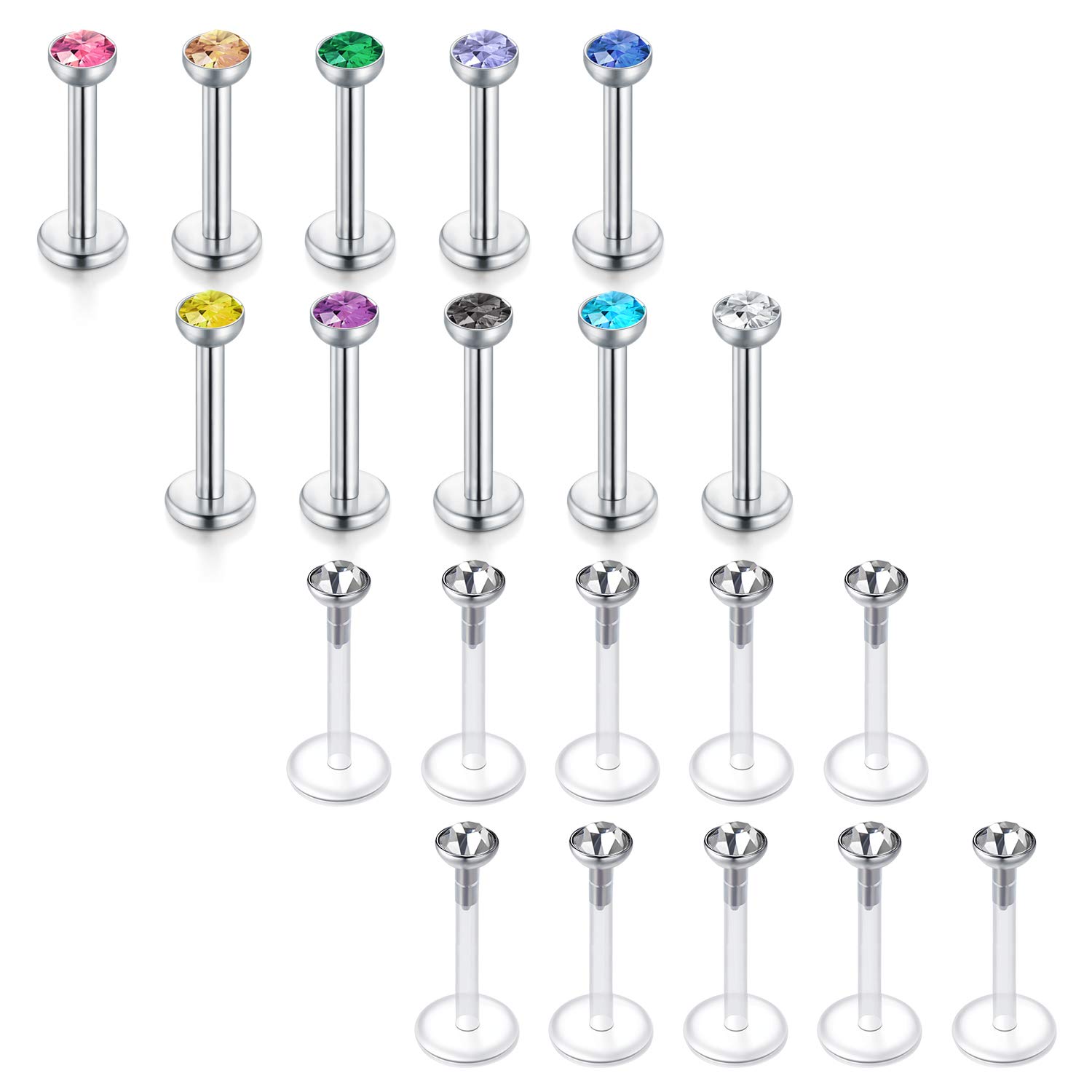 Crdifu 20pcs Lip Bars Labret Studs Stainless Steel Plastic 16G Monroe Medusa Helix Tragus Bars Piercing 6mm 8mm
