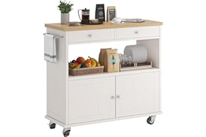 knoworld Rolling Kitchen Island with Storage Cabinet, 35.4'' Width Kitchen Cart, 2 Drawers Island Table, Portable Mobile Kitchen Island with Towel Rack, Wood Top and Lockable Wheels, White