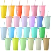 Dandat 24 Pcs Pastel Tumblers Bulk 24 oz Plastic Tumblers with Lids and Straws Reusable Skinny Cups Plastic Tumbler Bulk Colored Cups with Lids and Straws for Parties Christmas Gifts