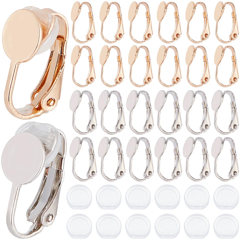 SOFPLATE 1 Box 20Pcs Gold Earring Converter Silver Earrings Clip Back Brass Non Pierced Clip on Earring Components with Plastic Pads Round Flat Back Tray Earring Clips for jewellery Making Supplies DI