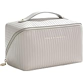 SHELFLOVER Travel Toiletry Bag Makeup Bag, Water-Resistent Cosmetic Bags for Women, Portable Pouch Open Flat Make Up Organizer Case, Cosmetic Bags, Grey Striped