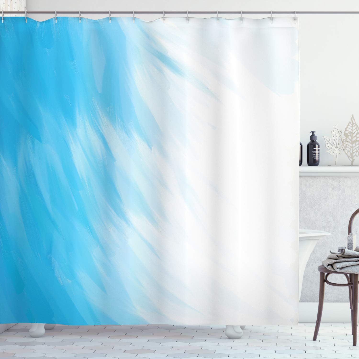 ABAKUHAUS Abstract Shower Curtain, Abstract Artwork in Watercolor Painting Style Waves Cloudy Sky Contemporary Design, Cloth Fabric Bathroom Decor Set with Hooks, 70 Inches, Blue White — image 1