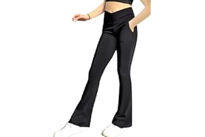 GNAINACH Girls' Leggings Cross Flare Pants with Pockets Black Soft Stretchy High Waisted Pants for Kids Child Yoga Dance