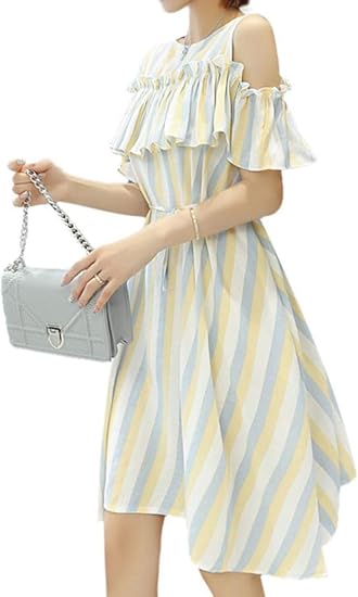 Amazon Co Jp Bestmood レディース 半袖 ワンピース ふんわり オフショルダー ワンピース フリル ストライプ柄 ファッション 綿 麻 フレアワンピース 肩出し おしゃれ チュニック 着痩せ 可愛い 夏 服 ファッション小物