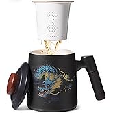 Porcelain Tea Cup with Infuser and Lid,Ceramic Tea Mug for Loose Leaf,Tea Strainer Cup with Wood Handle,Chinese Dragon Black Cup,All Ceramic Infuser,BPA-Free for Tea Lovers/Birthday/Easter's Day