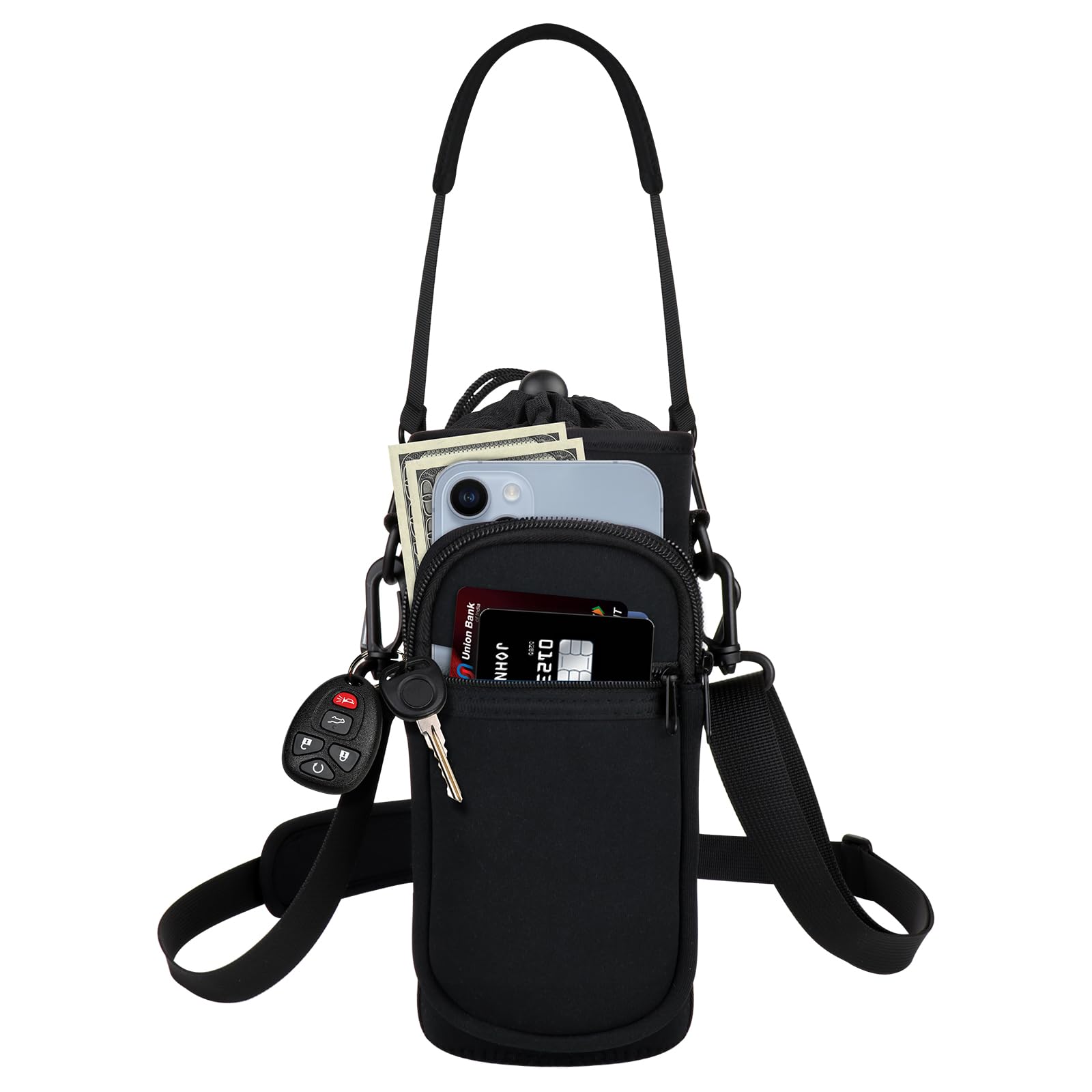 Photo 1 of Bstge Water Bottle Holder with Strap, Water Bottle Carrier Bag with Phone Pocket, Shoulder Hand Strap Insulated Neoprene 32 oz Water Bottle Sleeve for Walking Hiking Camping Gym(black)