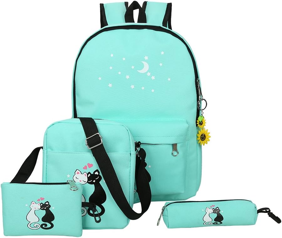 OneMoreT 4cs/set Canvas Women Backpacks Schoolbag Printing Cute Cat School Bag Backpack For Teenager Girls Green Rucksack