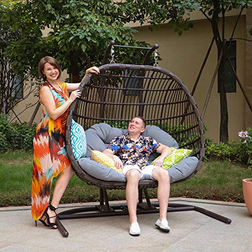 Luxury Double Seat Resin Wicker PE Swing Chair Hanging Hammock with Cushion and Stand, U-Shaped Chassis, Indoor or Outdoor Use (3 Throw Pillows for Free)