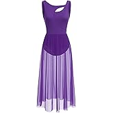 ODASDO Lyrical Dance Costumes for Women Contemporary Dancewear Sleeveless Cut Out Front Mesh Tulle Maxi Dress XS-XL