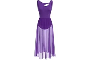 ODASDO Lyrical Dance Costumes for Women Contemporary Dancewear Sleeveless Cut Out Front Mesh Tulle Maxi Dress XS-XL