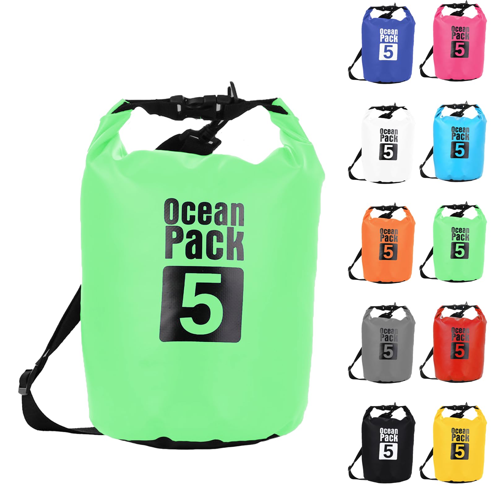 Dry Bag 5L, Boat Dry Bags Green Waterproof Bag Dry Sack Roll Top Long Adjustable Shoulder Strap 2L/5L/10L/20L/30L/40L for Drifting Boating Kayaking Fishing Rafting Swimming Camping Canoeing Surfing