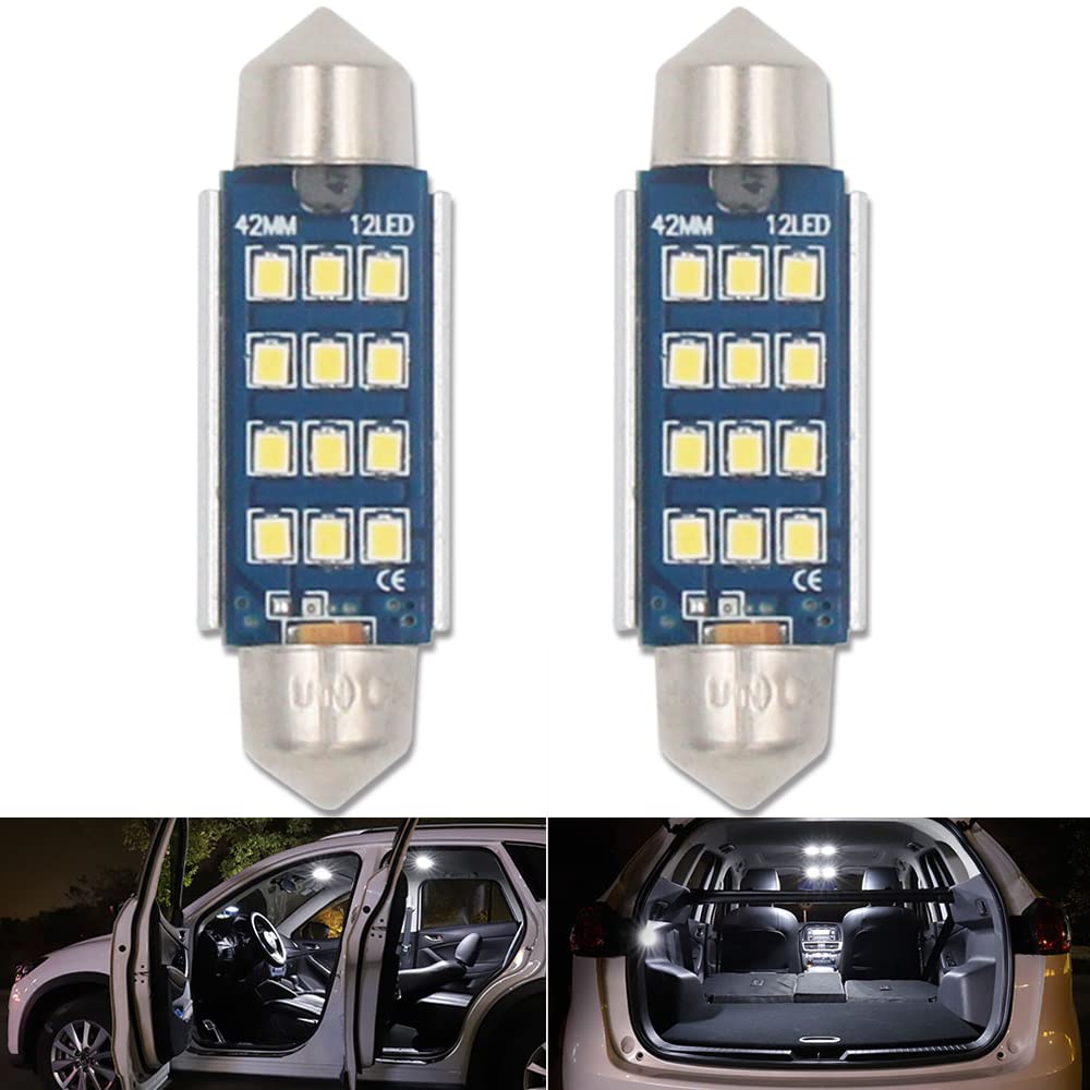 41MM Festoon C5W LED Bulb,HSUN 12V-24V 569 578 212-2 2112 2122 214-2 Canbus Error Free with 12LED SMD2016 Chip for Interior Dome Light and more,2 Pack,6000K White