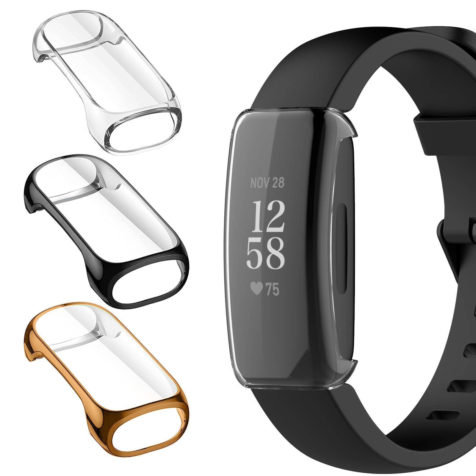 KZIOACSH Case for Fitbit inspire 3/Fitbit inspire 2 with Screen Protector, 3 Pack Soft TPU Bumper Protective Case All-Around Shockproof Thin Protective Case Cover Shell,Black+Clear+Rose Gold