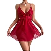 SHENHE Women's Lace Babydoll Lingerie Chemise Bow Mesh Slip Dress V Neck Nightgown Nighty