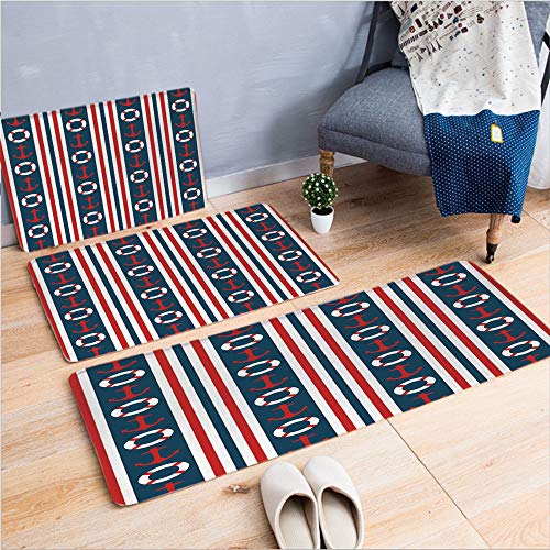 3 Piece Non-Slip Doormat 3d print for Door mat living room kitchen absorbent kitchen mat,Maritime Theme Steering Wheel and Anchor Pattern,15.7"x23.6"by19.7"x31.5"by31.5"x47.2",coffee table carpet wind