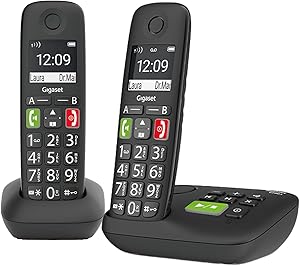 Gigaset E290A DUO - 2 Schnurlose Senioren DECT-Telefone mit Anrufbeantworter - große Tasten, Zielwahltasten für wichtige Nummern, Verstärker-Funktion für lautes Hören, schwarz [Deutsche Version]