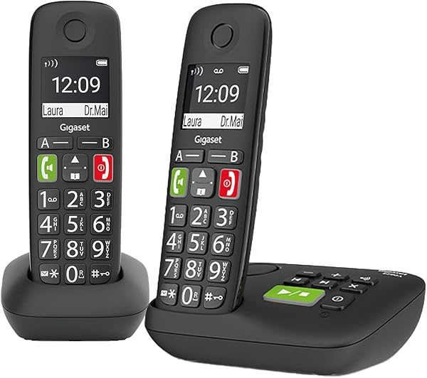 Gigaset E290A DUO - 2 Schnurlose Senioren DECT-Telefone mit Anrufbeantworter - große Tasten, Zielwahltasten für wichtige Nummern, Verstärker-Funktion für lautes Hören, schwarz [Deutsche Version]