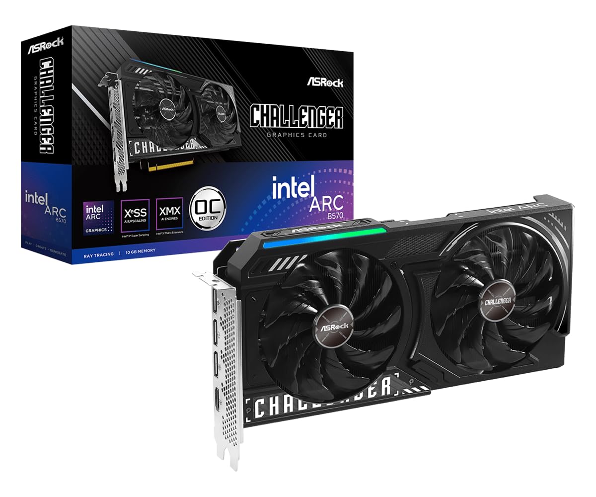 ASRock Intel Arc B570 Challenger 10GB OC GDDR6 Graphics Card, 2600 MHz GPU, 19 Gbps Memory, Dual Fan, Metal Backplate, HDMI 2