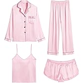 SWOMOG Womens 4pcs Pajamas Sets Silk Satin Pjs Sexy Cami Shorts Set Button Down Long Short Sleeve Sleepwear Loungewear
