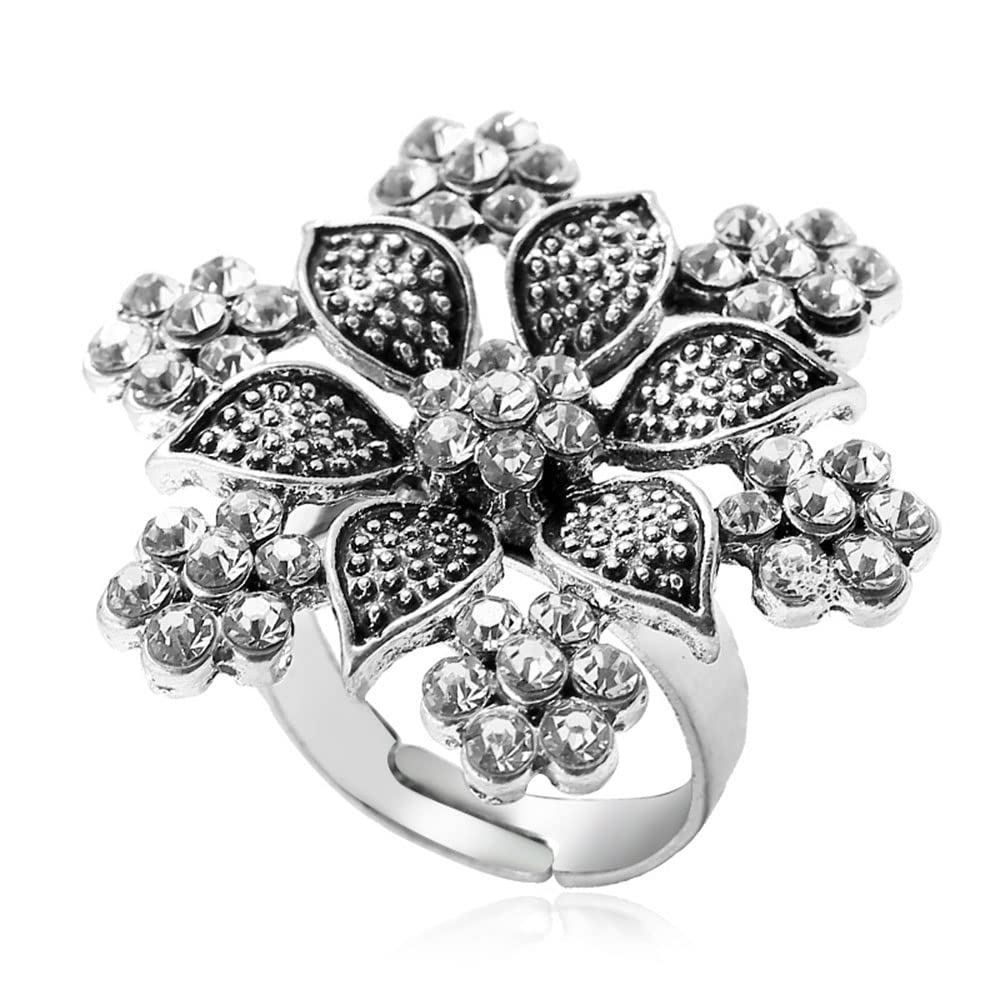 Vintage Big Flower Statement Ring for Women Girls Silver Plated Oxidized Cubic Zirconia Adjustable Expandable Snowflake Open Wrap Rings Boho India Bollywood Rhinestone Birthday Party Jewelry