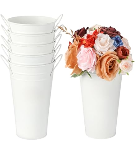 Set De 6 Jarrones De Metal Galvanizado Domensi - 30cm Con Asa, Rústicos Blancos Para Flores O Decoración