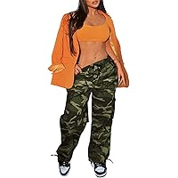 Picture of Camo Cargo Pants for Women,Womens Drawstring Elastic Waist Cargo Pants with Pocket,Baggy Camouflage Pants for Women