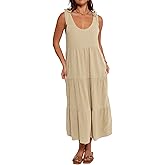 R.Vivimos Women's Summer Casual Beach Midi Dress Cotton Linen Sleeveless Adjustable Straps Tiered Flowy Dresses with Pockets