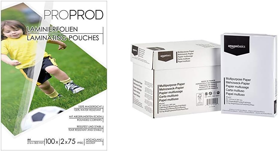 ProProd Premium A4 150 μ Glossy Laminating Pouch (Pack of 100) & Amazon Basics Multipurpose Copy Paper A4 80gsm, 5x500 Sheets, White