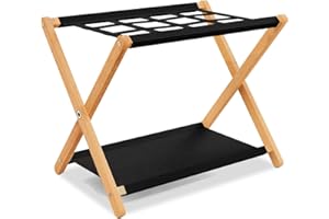 XANKZI Luggage Rack for Guest Room, Solid Wood Suitcase Stand with Storage Shelf, Holds up to 180 LBS, Easy Assembly, Luggage Holders with Nylon Straps for Bedroom, Hotels (Natural)