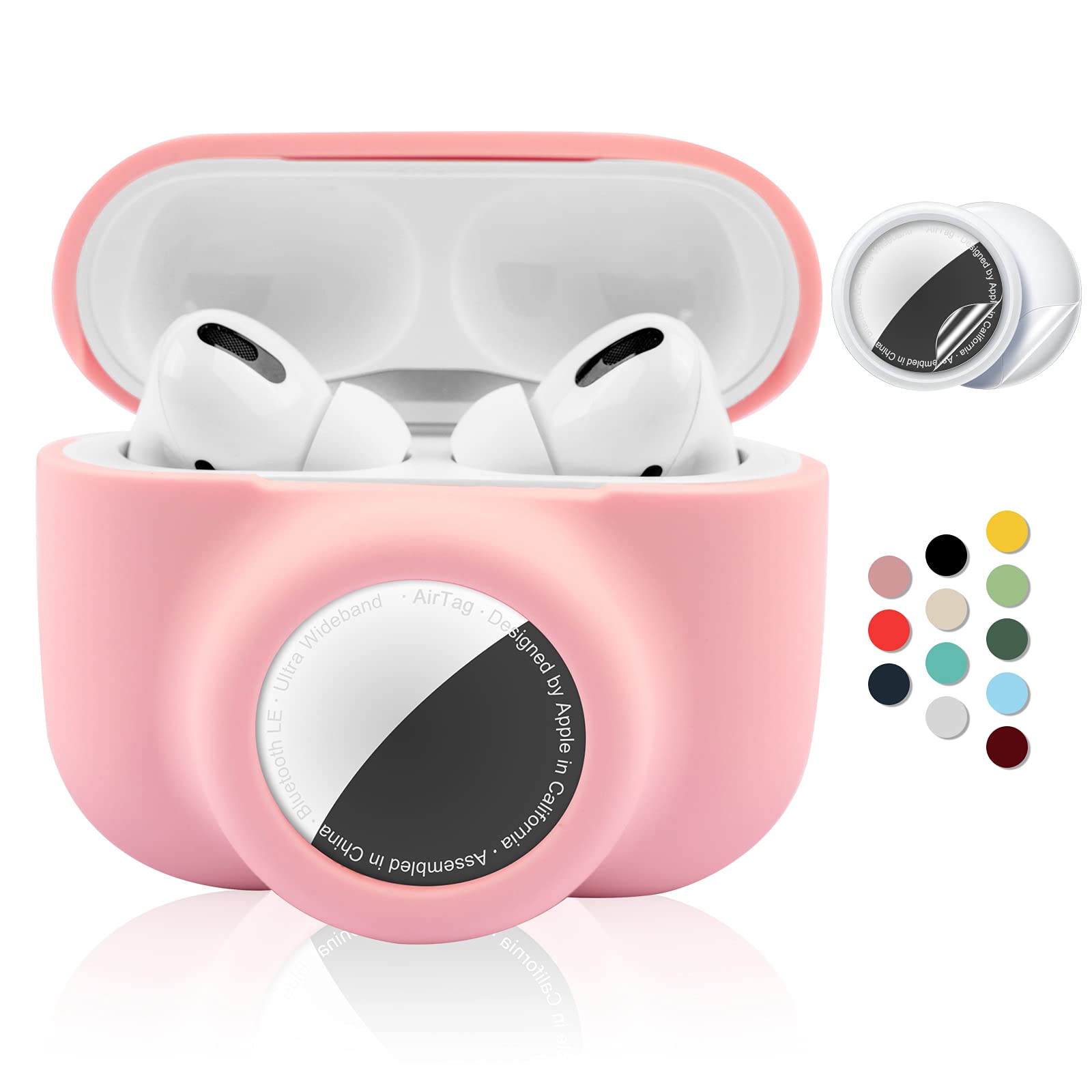Photo 1 of 2 in 1 Protective Case for Apple AirPods Pro Air Tag Holder Combo, Soft Silicone Airpods Pro AirTag Case with 2 PCS Screen Protector, Anti-Scratch Anti-Fall Anti-Lost Shockproof Durable(Pink)