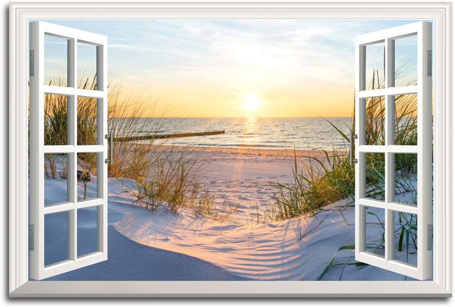 Window Frame Style Beach Sunset Nature Picture Canvas Wall Art Sunlight Ocean Landscape Prints Living Room Office Decor Posters Can be Hung - 36