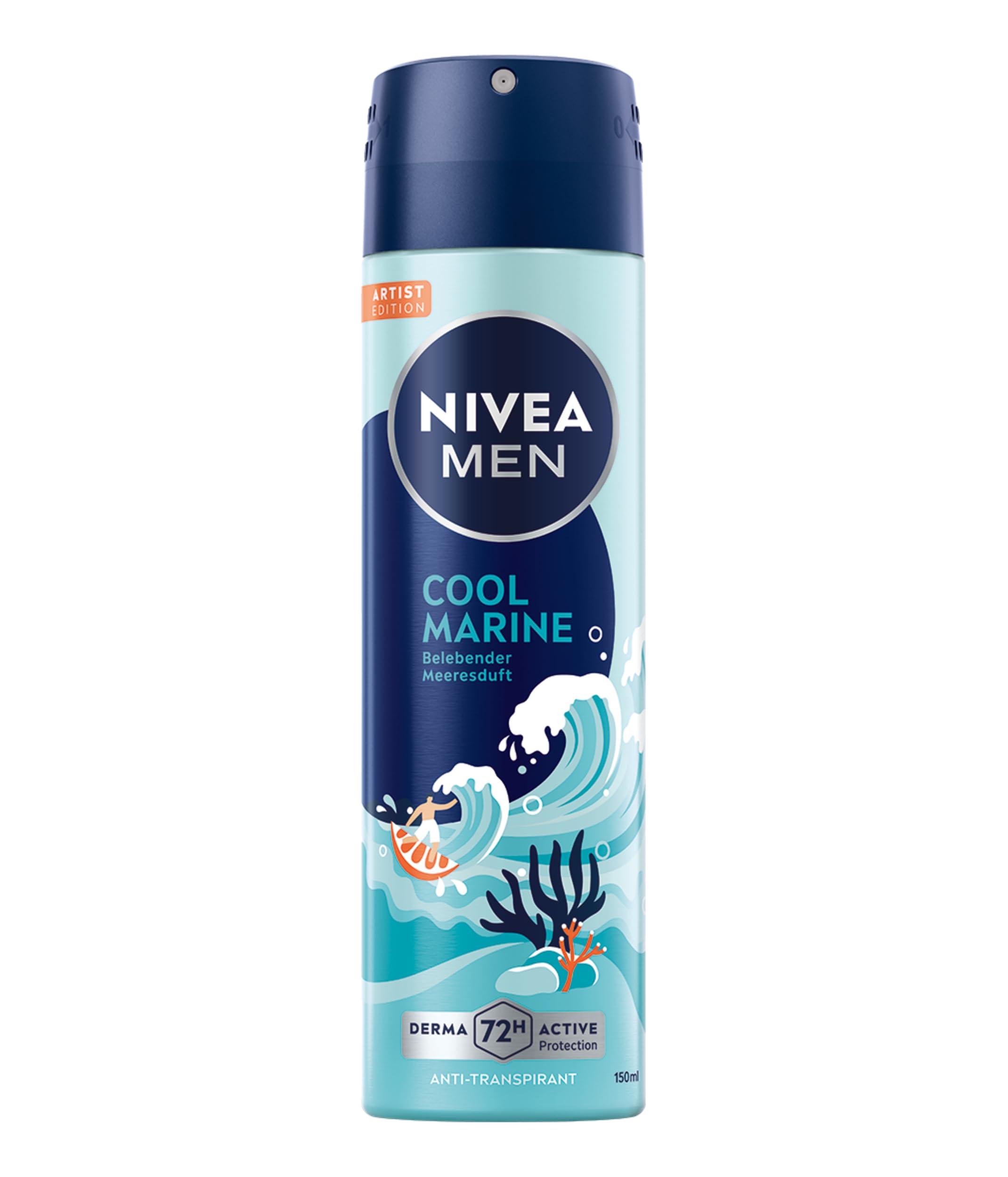 NIVEA MEN Cool Marine Artist Edition Deo Spray, Deodorant für 72h Anti-Transpirant-Schutz gegen Schweiß und Geruch, Deospray mit erfrischendem Duft (150 ml)