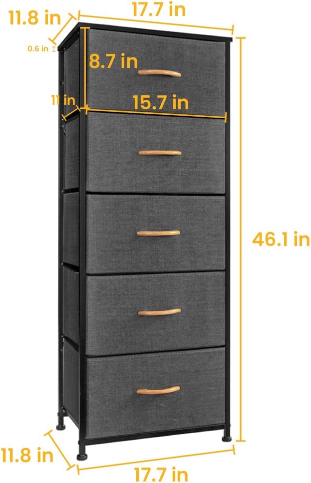 Crestlive Products Vertical Dresser Storage Tower - Sturdy Steel Frame, Wood Top, Easy Pull Fabric Bins, Wood Handles - Organizer Unit for Bedroom, Hallway, Entryway, Closets - 5 Drawers (Gray): Home Improvement