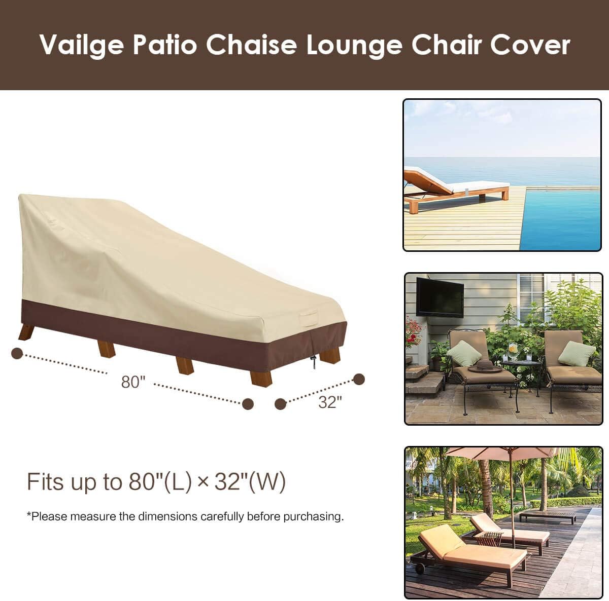 Vailge Waterproof Patio Chaise Lounge Cover, 600D Heavy Duty Outdoor Lounge Chair Covers,UV Resistant Patio Furniture Covers,2 Pack-Medium ,Beige & Brown: Kitchen & Dining